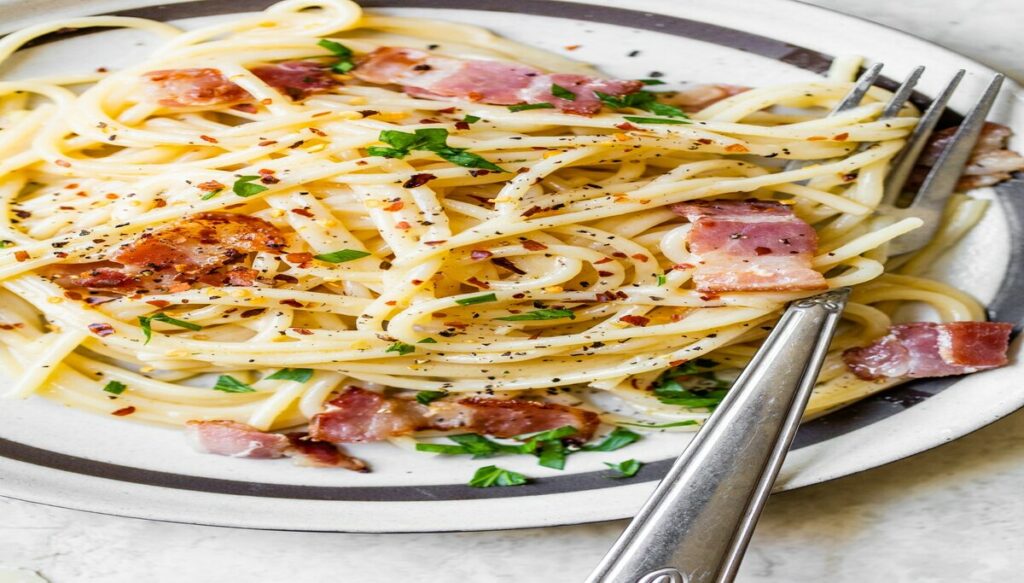 pasta, with bacon and cheese